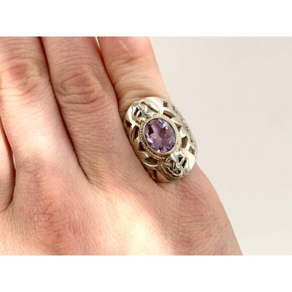 Amethyst Gemstone Bintage Abstract Symbol Sterling Silver Chunky Ring - sz 5.25 - Picture 6 of 10